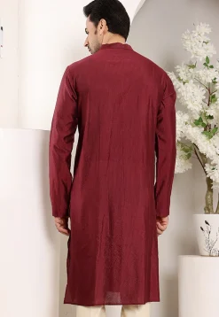 Embroidered Viscose Silk Kurta in Maroon