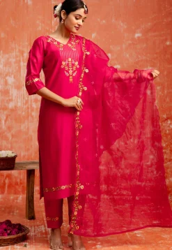 Embroidered Viscose Silk Pakistani Suit in Fuchsia