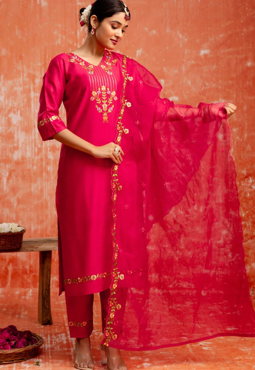 Embroidered Viscose Silk Pakistani Suit in Fuchsia