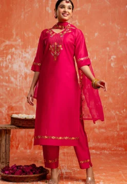 Embroidered Viscose Silk Pakistani Suit in Fuchsia