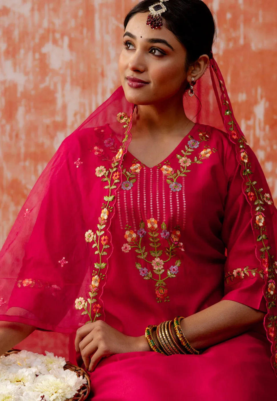 Embroidered Viscose Silk Pakistani Suit in Fuchsia
