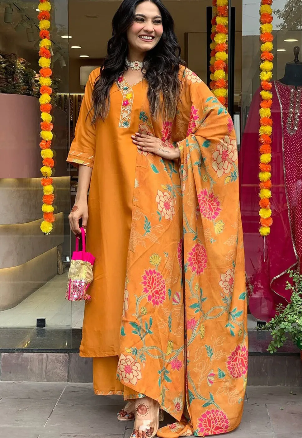 Embroidered Viscose Silk Pakistani Suit in Orange