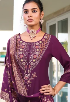 Embroidered Viscose Silk Pakistani Suit in Purple