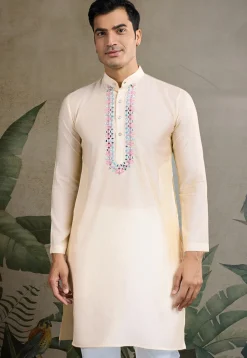Embroidered Viscose Silk Kurta in Beige