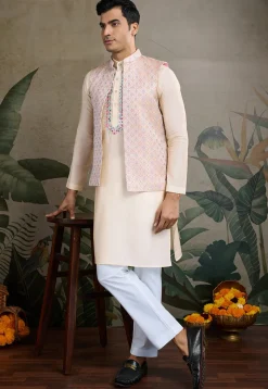Embroidered Viscose Silk Kurta in Beige