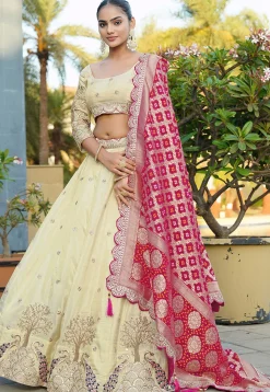 Embroidered Viscose Silk Lehenga in Cream