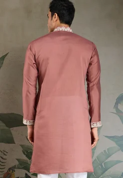 Embroidered Viscose Silk Kurta in Peach