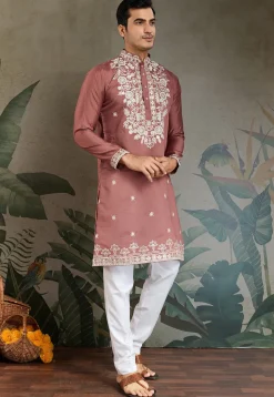 Embroidered Viscose Silk Kurta in Peach
