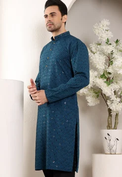 Embroidered Viscose Silk Kurta in Teal Blue