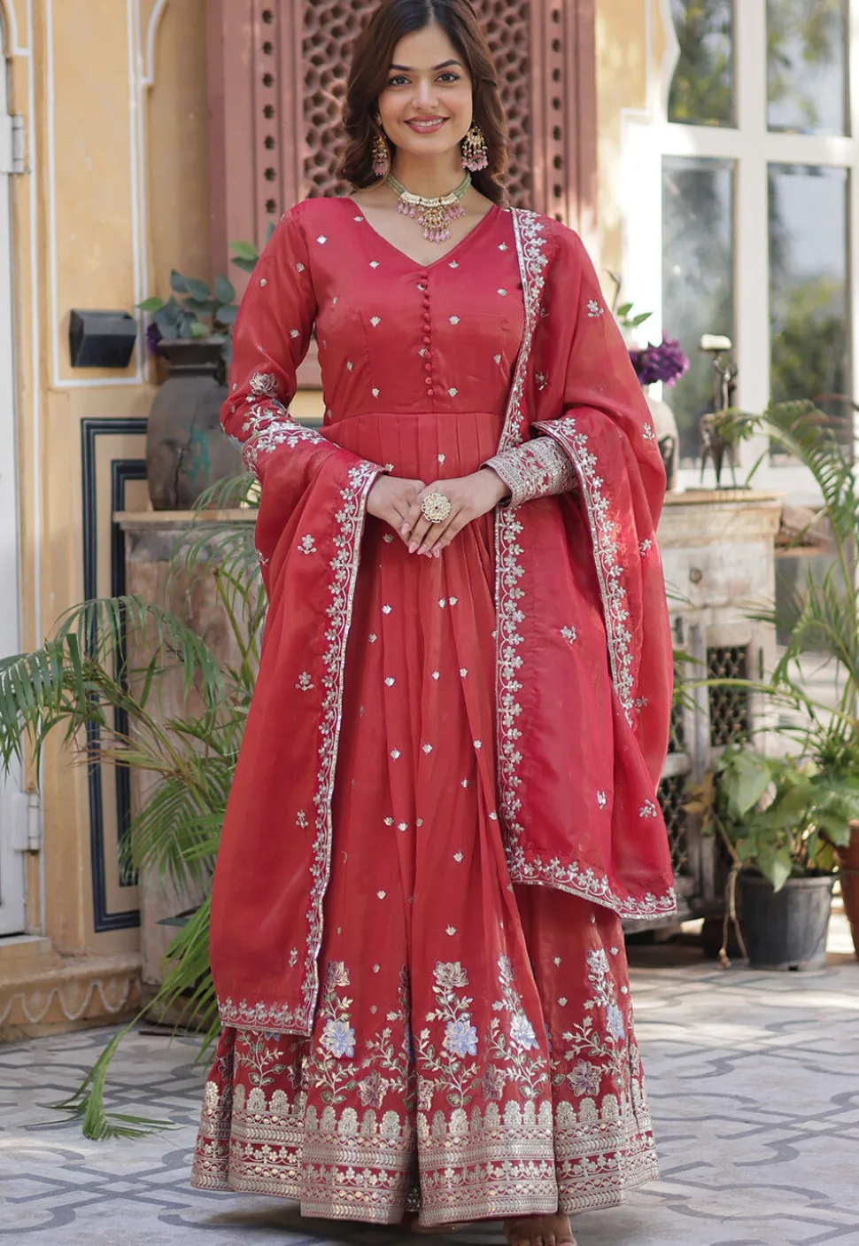 Embroidered Viscose Silk Abaya Style Suit in Red