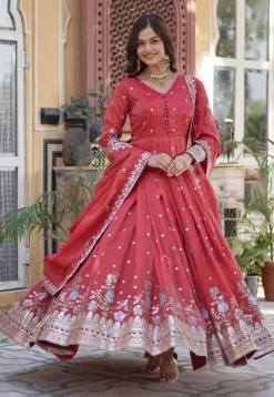 Embroidered Viscose Silk Abaya Style Suit in Red