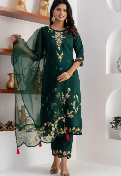 Embroidered Viscose Silk Pakistani Suit in Green