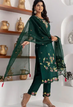 Embroidered Viscose Silk Pakistani Suit in Green