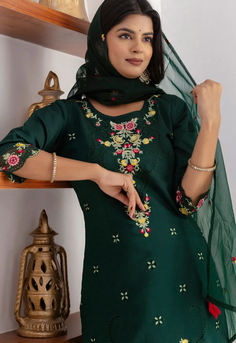 Embroidered Viscose Silk Pakistani Suit in Green