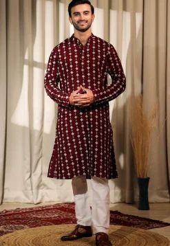 Embroidered Viscose Silk Kurta Set in Maroon