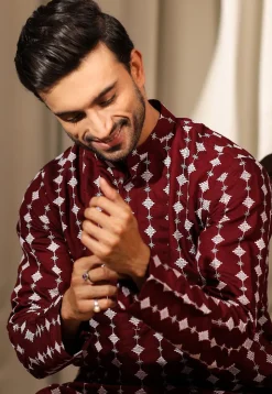 Embroidered Viscose Silk Kurta Set in Maroon