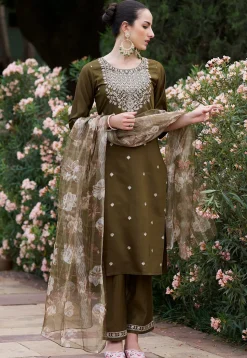 Embroidered Viscose Silk Pakistani Suit in Olive Green