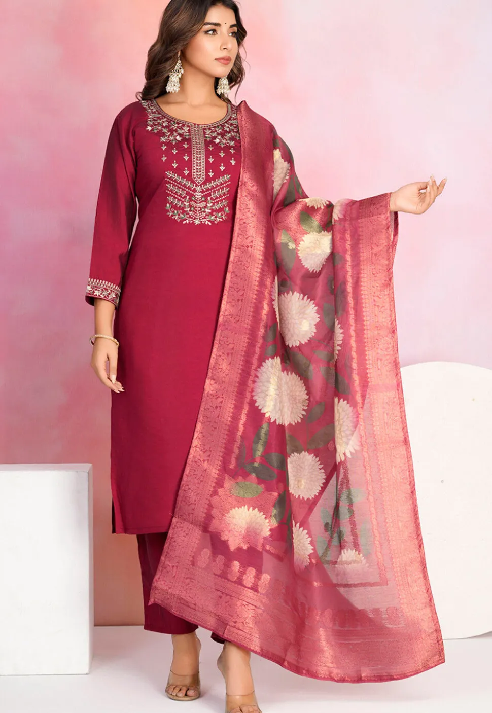 Embroidered Viscose Silk Pakistani Suit in Maroon