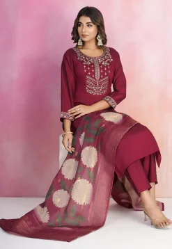 Embroidered Viscose Silk Pakistani Suit in Maroon