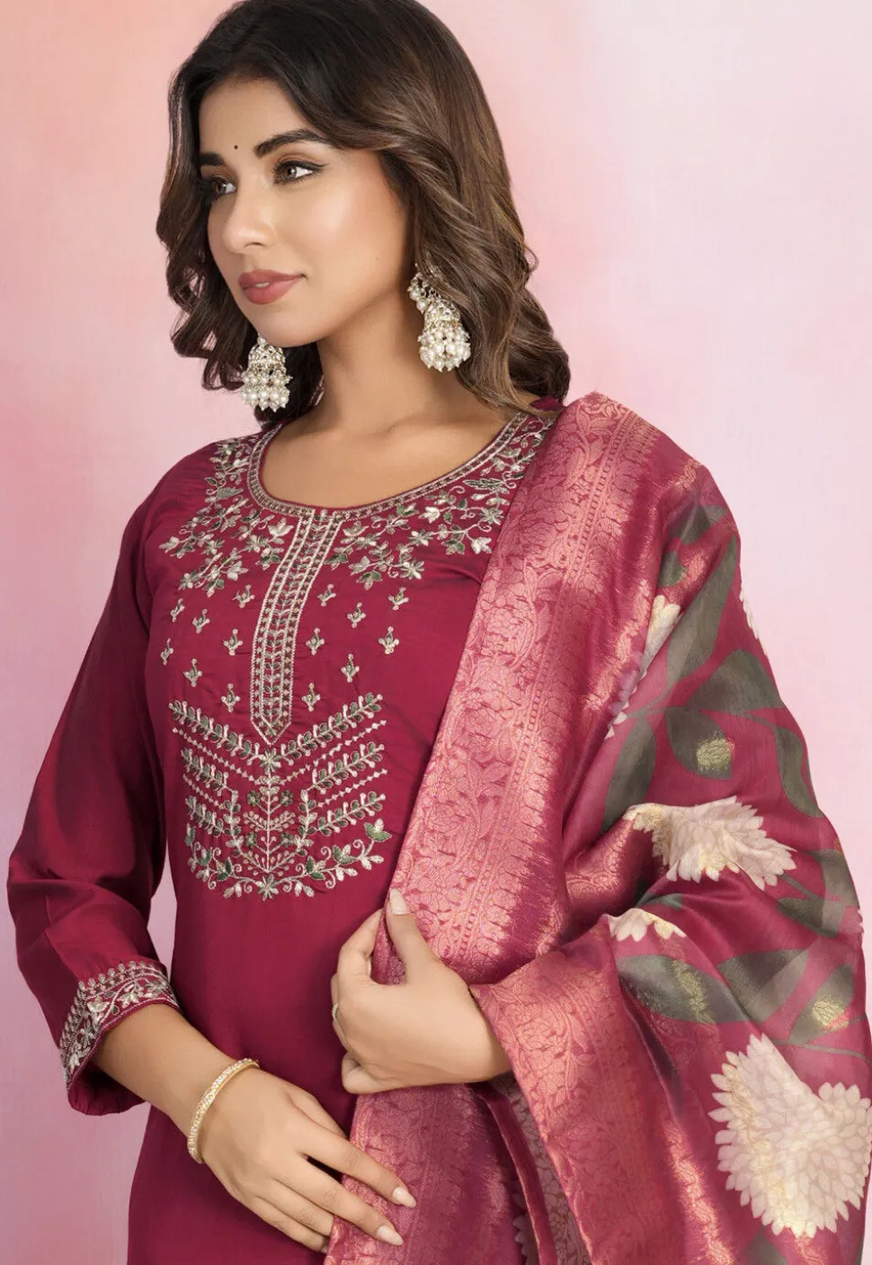 Embroidered Viscose Silk Pakistani Suit in Maroon