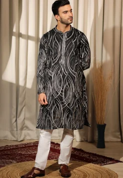 Embroidered Viscose Silk Kurta Set in Black