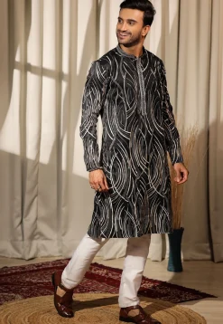 Embroidered Viscose Silk Kurta Set in Black