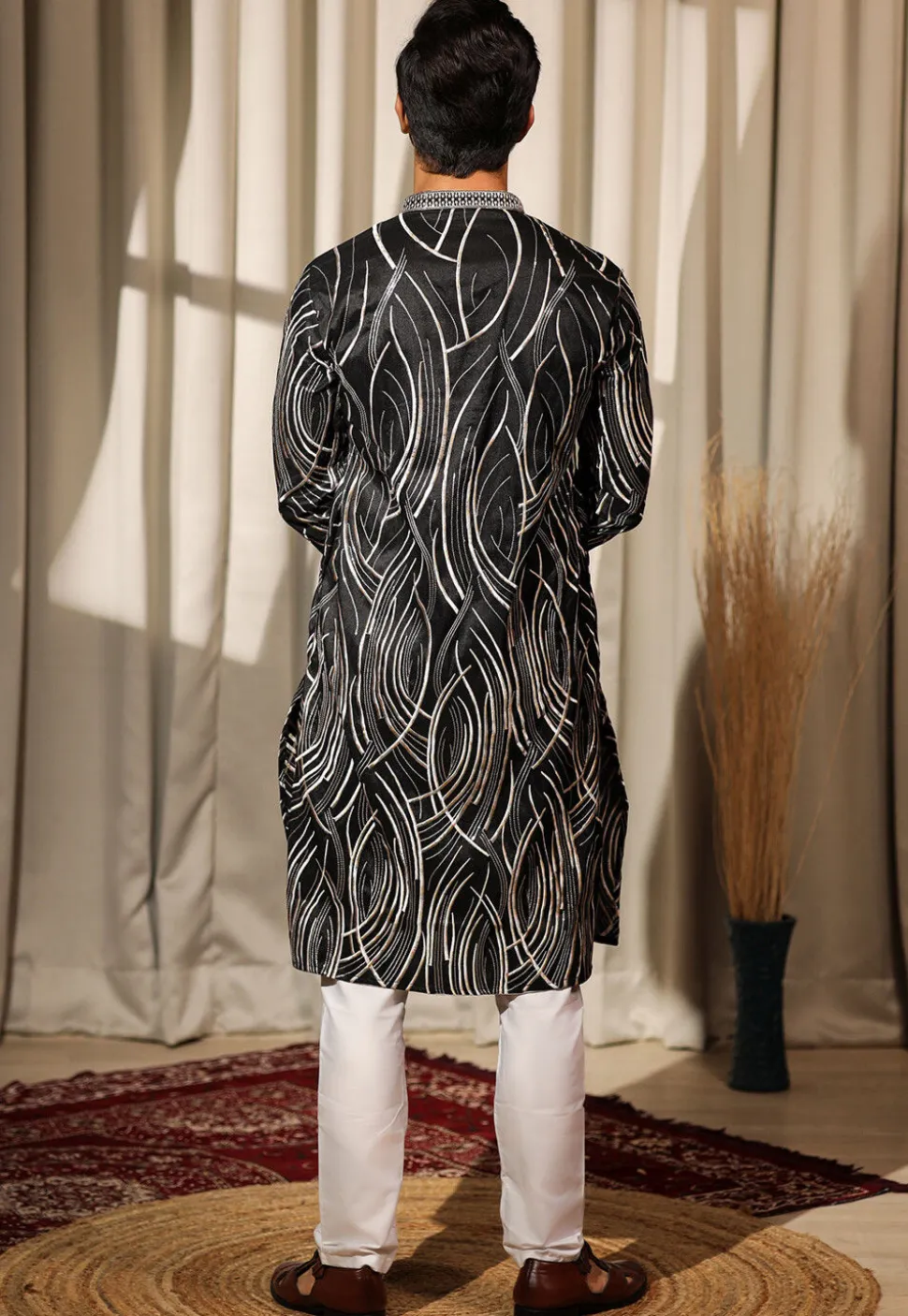 Embroidered Viscose Silk Kurta Set in Black
