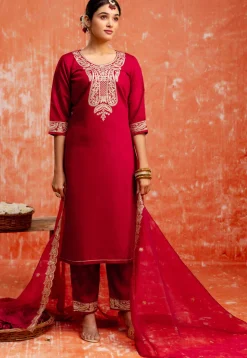 Embroidered Viscose Silk Pakistani Suit in Maroon