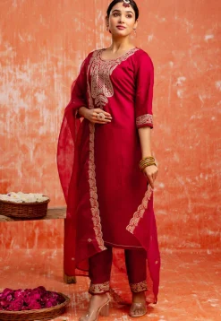 Embroidered Viscose Silk Pakistani Suit in Maroon