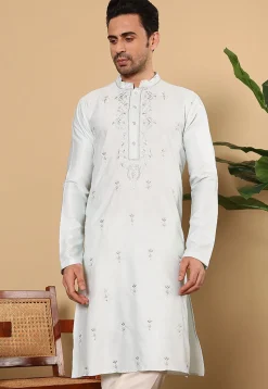 Embroidered Viscose Silk Kurta in Light Blue