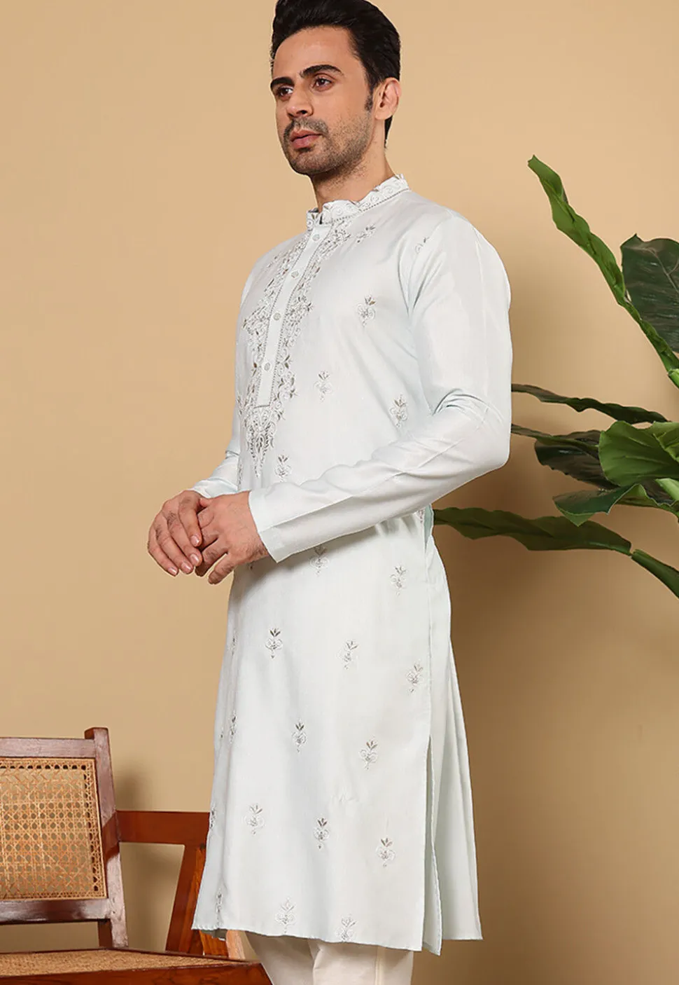 Embroidered Viscose Silk Kurta in Light Blue