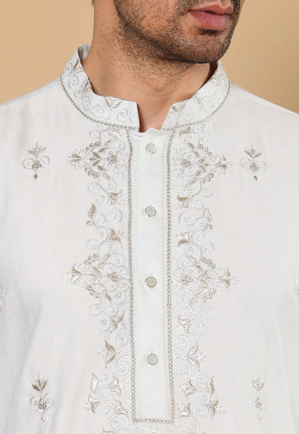 Embroidered Viscose Silk Kurta in Light Blue