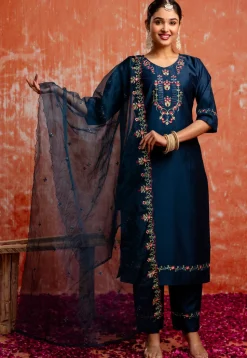 Embroidered Viscose Silk Pakistani Suit in Teal Blue