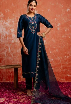 Embroidered Viscose Silk Pakistani Suit in Teal Blue