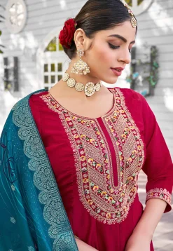 Embroidered Viscose Silk Anarkali Suit in Fuchsia