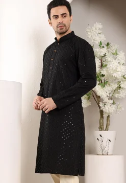 Embroidered Viscose Silk Kurta in Black