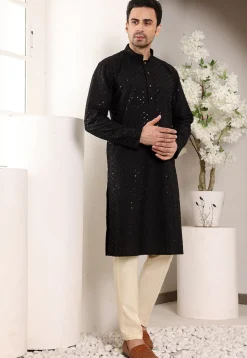 Embroidered Viscose Silk Kurta in Black
