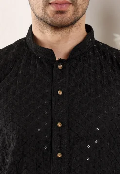Embroidered Viscose Silk Kurta in Black