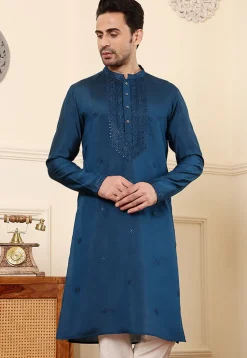 Embroidered Viscose Silk Kurta in Teal Blue