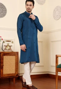 Embroidered Viscose Silk Kurta in Teal Blue