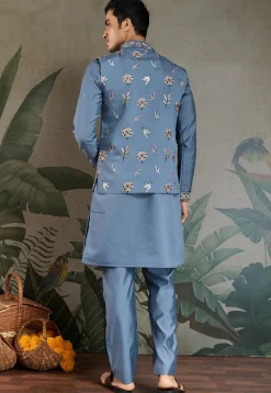 Embroidered Viscose Silk Kurta Set in Dusty Blue