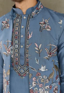 Embroidered Viscose Silk Kurta Set in Dusty Blue
