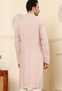 Embroidered Viscose Silk Kurta in Peach