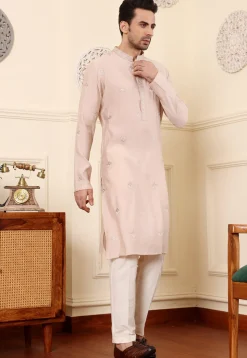 Embroidered Viscose Silk Kurta in Peach