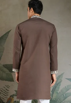 Embroidered Viscose Silk Kurta in Brown