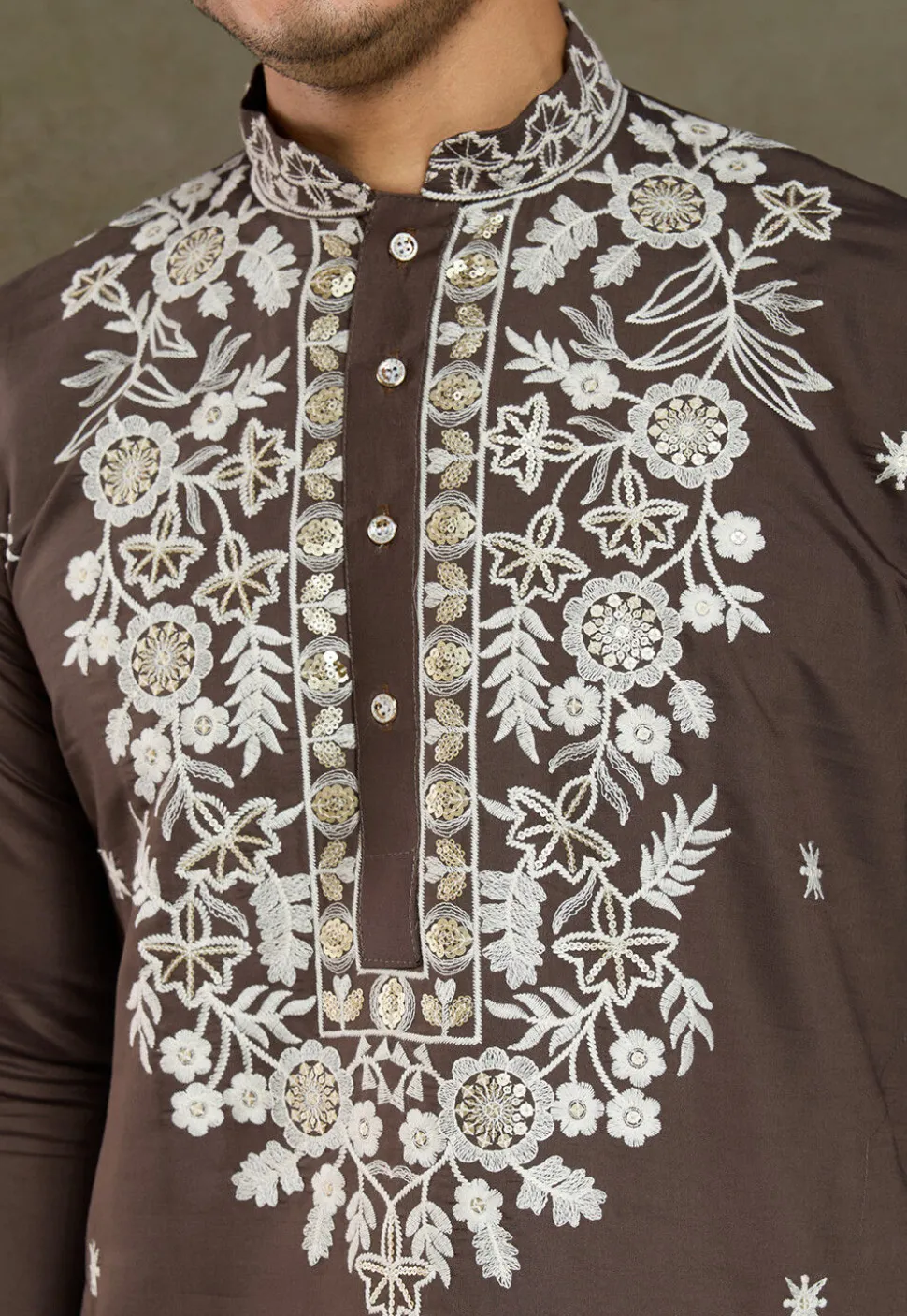 Embroidered Viscose Silk Kurta in Brown
