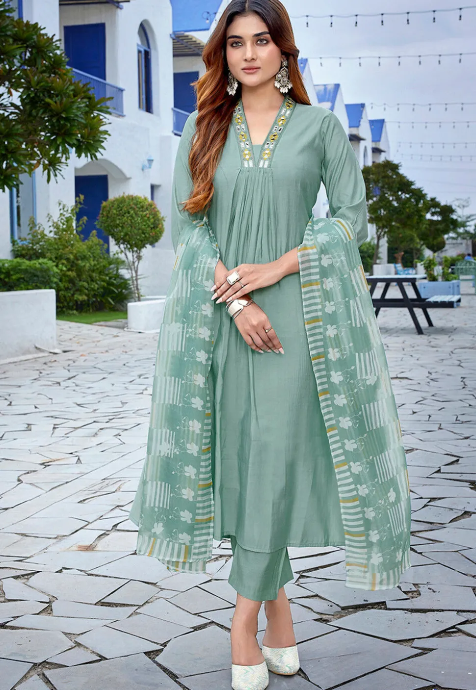 Embroidered Viscose Silk A Line Suit in Sea Green