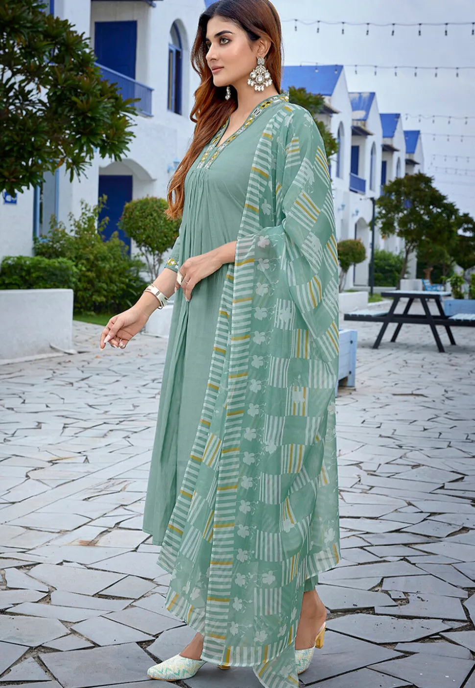 Embroidered Viscose Silk A Line Suit in Sea Green