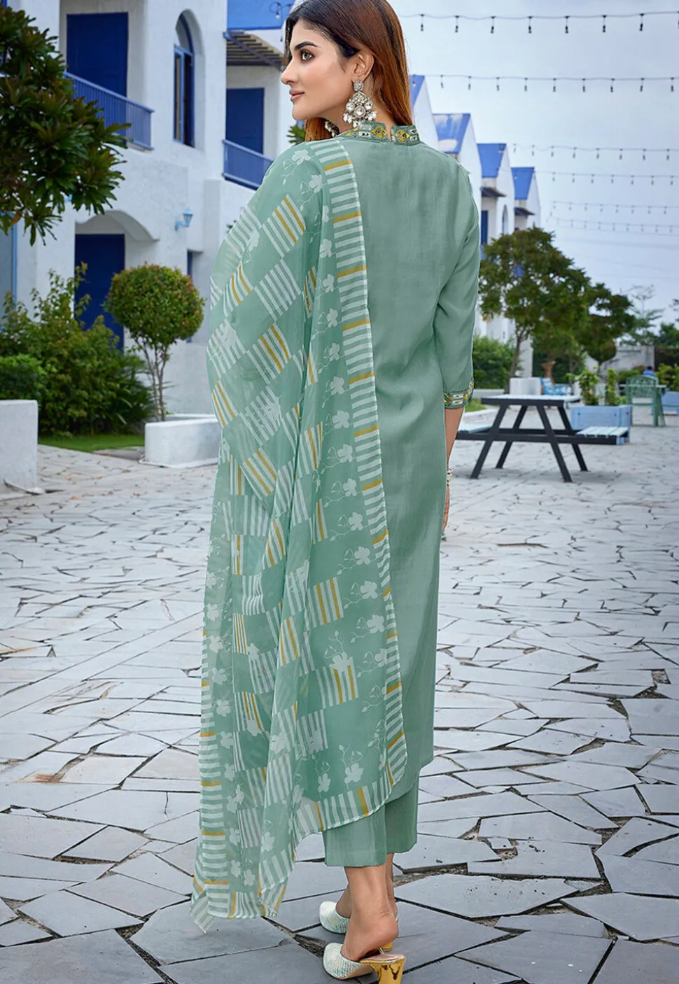 Embroidered Viscose Silk A Line Suit in Sea Green
