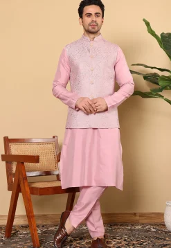 Embroidered Viscose Silk Kurta Set in Pink